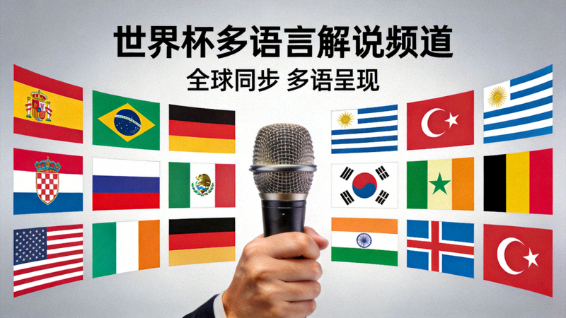 世界杯多语言解说频道 - 各国国旗与解说员麦克风
